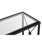 Black Metal Rectangular Frame Side Table with Two-Tier Clear Glass Shelves and Floral Motif