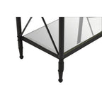 Black Metal Rectangular Frame Side Table with Two-Tier Clear Glass Shelves and Floral Motif
