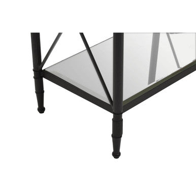 Black Metal Rectangular Frame Side Table with Two-Tier Clear Glass Shelves and Floral Motif