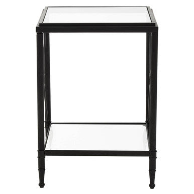 Black Metal Square Frame Side Table with Two-Tier Clear Glass Shelves and Floral Motif