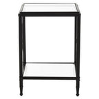 Black Metal Square Frame Side Table with Two-Tier Clear Glass Shelves and Floral Motif
