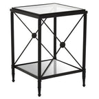 Black Metal Square Frame Side Table with Two-Tier Clear Glass Shelves and Floral Motif