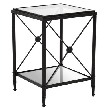 Black Metal Square Frame Side Table with Two-Tier Clear Glass Shelves and Floral Motif