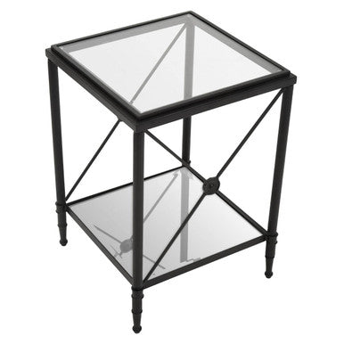 Black Metal Square Frame Side Table with Two-Tier Clear Glass Shelves and Floral Motif