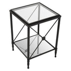 Black Metal Square Frame Side Table with Two-Tier Clear Glass Shelves and Floral Motif