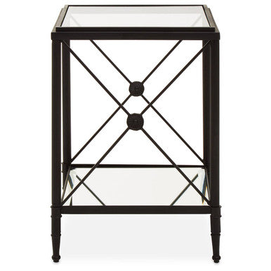 Black Metal Square Frame Side Table with Two-Tier Clear Glass Shelves and Floral Motif