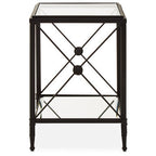 Black Metal Square Frame Side Table with Two-Tier Clear Glass Shelves and Floral Motif