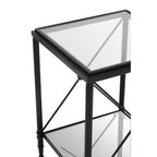 Black Metal Square Frame Side Table with Two-Tier Clear Glass Shelves and Floral Motif