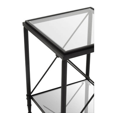 Black Metal Square Frame Side Table with Two-Tier Clear Glass Shelves and Floral Motif