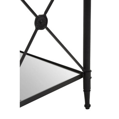 Black Metal Square Frame Side Table with Two-Tier Clear Glass Shelves and Floral Motif