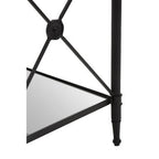 Black Metal Square Frame Side Table with Two-Tier Clear Glass Shelves and Floral Motif