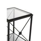 Black Metal Square Frame Side Table with Two-Tier Clear Glass Shelves and Floral Motif
