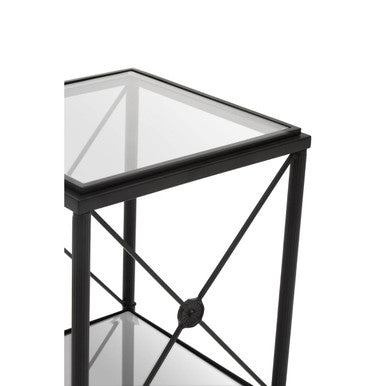 Black Metal Square Frame Side Table with Two-Tier Clear Glass Shelves and Floral Motif