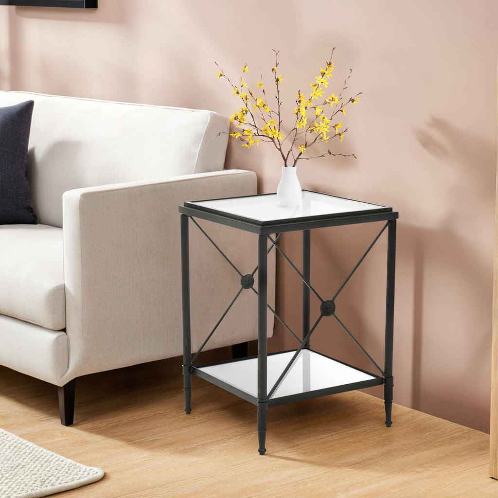 Black Metal Square Frame Side Table with Two-Tier Clear Glass Shelves and Floral Motif