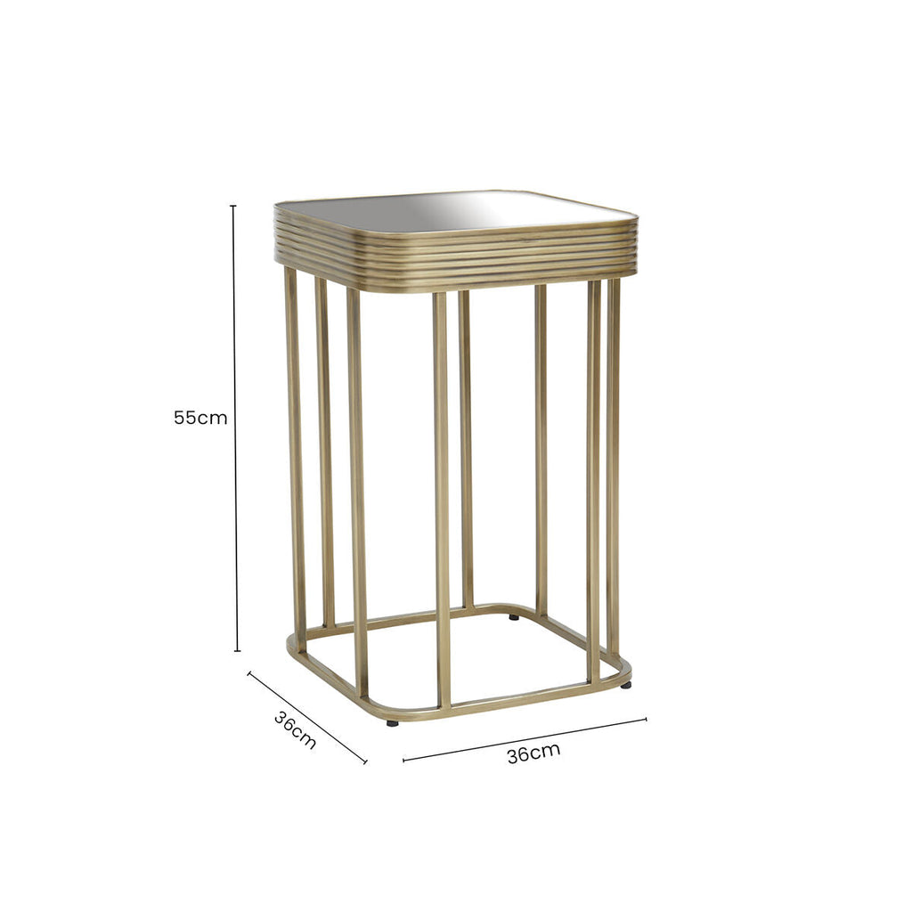 Gold Metal Side Table with Mirrored Top and Decorative Textured Edge
