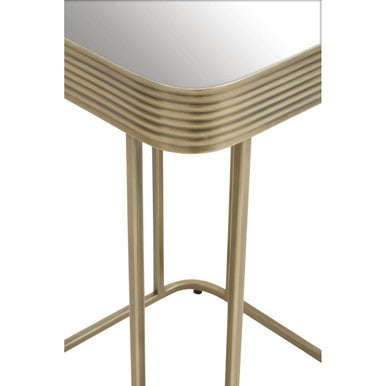 Gold Metal Side Table with Mirrored Top and Decorative Textured Edge