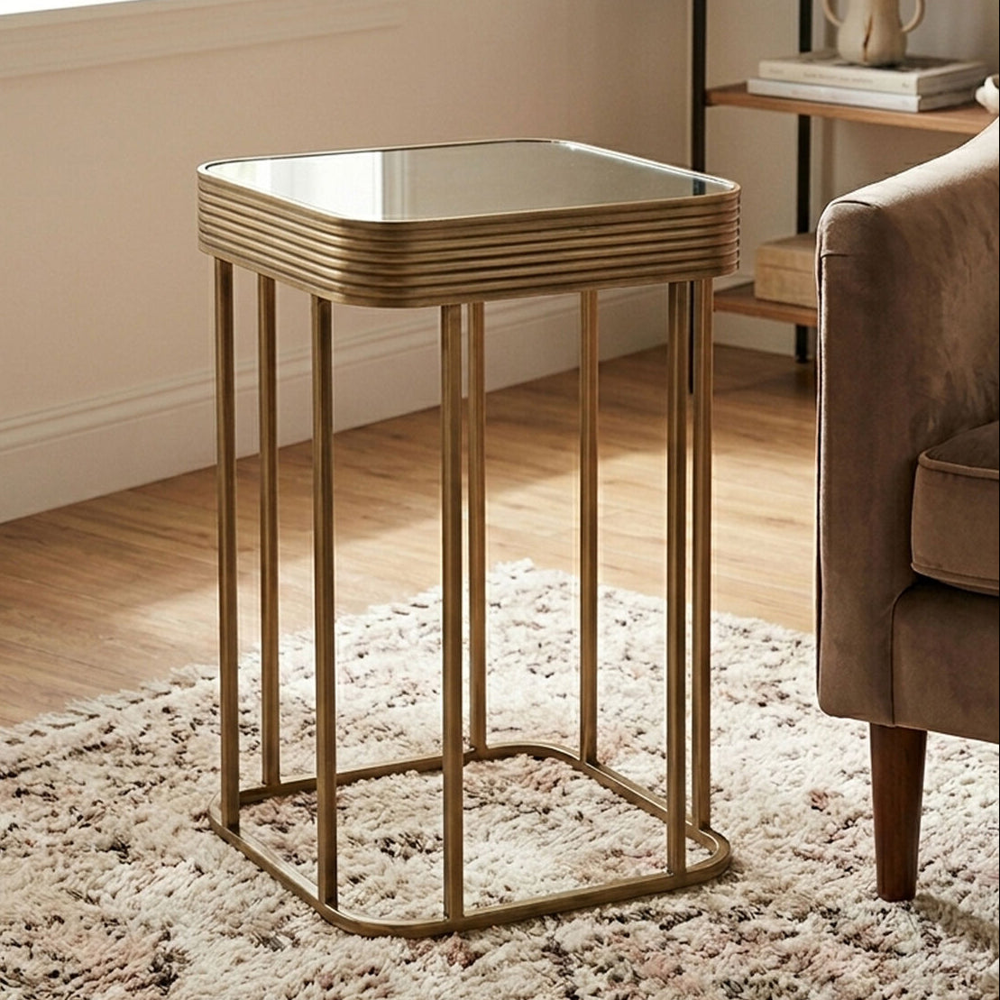 Gold Metal Side Table with Mirrored Top and Decorative Textured Edge