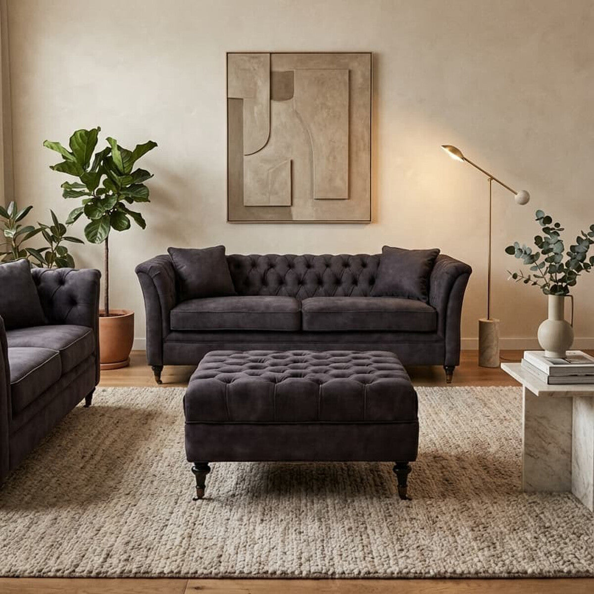 Grey Velvet Ottoman with Wheels