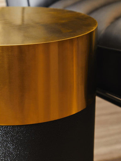 Black Round Shagreen Effect Side Table and Stool with Metallic Gold Top