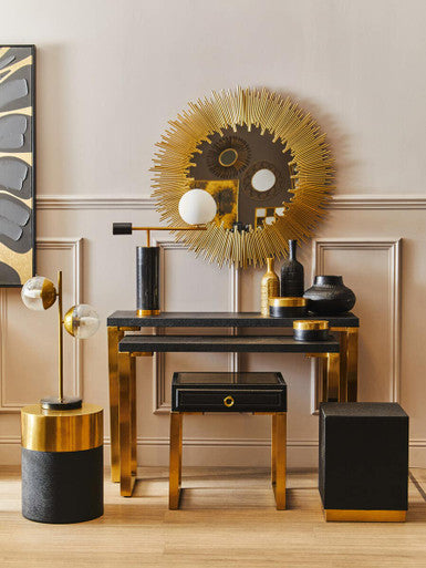 Black Round Shagreen Effect Side Table and Stool with Metallic Gold Top