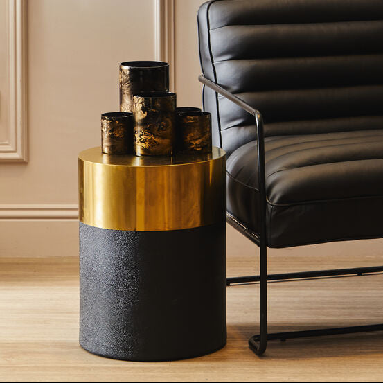 Black Round Shagreen Effect Side Table and Stool with Metallic Gold Top