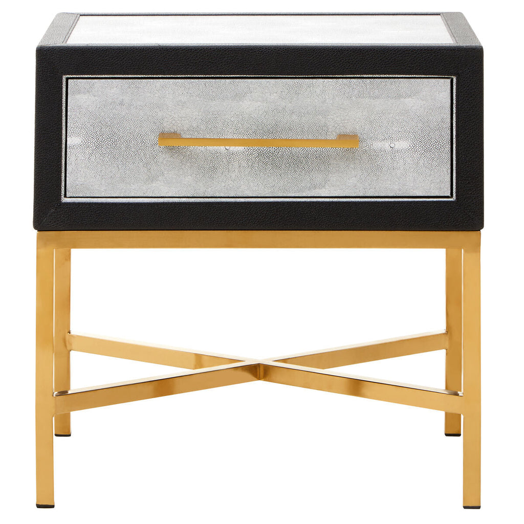 Grey Faux Shagreen 1-Drawer Side Table with Brushed Matte Gold Cross Legs and Black Border