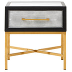 Grey Faux Shagreen 1-Drawer Side Table with Brushed Matte Gold Cross Legs and Black Border