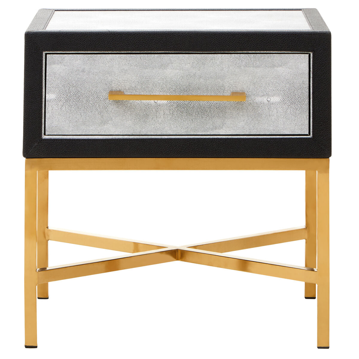 Grey Faux Shagreen 1-Drawer Side Table with Brushed Matte Gold Cross Legs and Black Border