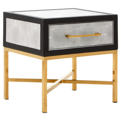 Grey Faux Shagreen 1-Drawer Side Table with Brushed Matte Gold Cross Legs and Black Border