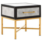 Grey Faux Shagreen 1-Drawer Side Table with Brushed Matte Gold Cross Legs and Black Border
