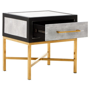 Grey Faux Shagreen 1-Drawer Side Table with Brushed Matte Gold Cross Legs and Black Border