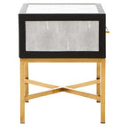 Grey Faux Shagreen 1-Drawer Side Table with Brushed Matte Gold Cross Legs and Black Border