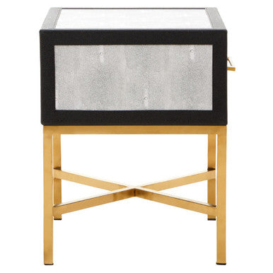 Grey Faux Shagreen 1-Drawer Side Table with Brushed Matte Gold Cross Legs and Black Border