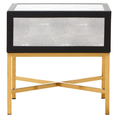 Grey Faux Shagreen 1-Drawer Side Table with Brushed Matte Gold Cross Legs and Black Border