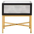 Grey Faux Shagreen 1-Drawer Side Table with Brushed Matte Gold Cross Legs and Black Border