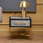 Grey Faux Shagreen 1-Drawer Side Table with Brushed Matte Gold Cross Legs and Black Border