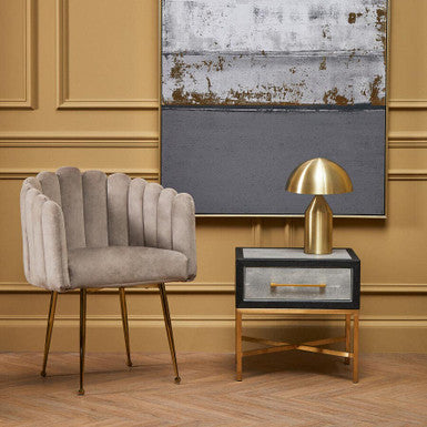 Grey Faux Shagreen 1-Drawer Side Table with Brushed Matte Gold Cross Legs and Black Border