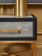 Grey Faux Shagreen 1-Drawer Side Table with Brushed Matte Gold Cross Legs and Black Border