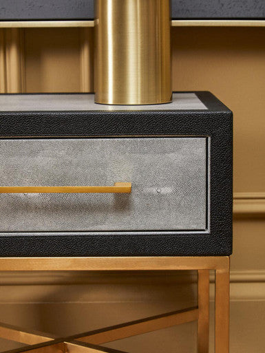 Grey Faux Shagreen 1-Drawer Side Table with Brushed Matte Gold Cross Legs and Black Border