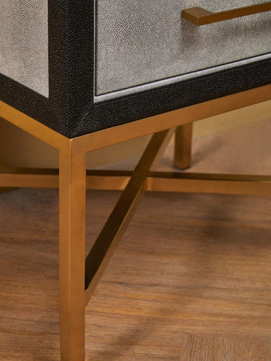 Grey Faux Shagreen 1-Drawer Side Table with Brushed Matte Gold Cross Legs and Black Border