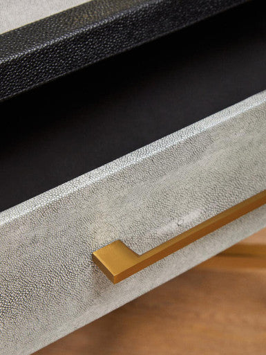 Grey Faux Shagreen 1-Drawer Side Table with Brushed Matte Gold Cross Legs and Black Border
