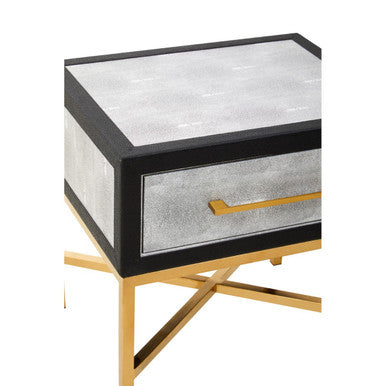 Grey Faux Shagreen 1-Drawer Side Table with Brushed Matte Gold Cross Legs and Black Border