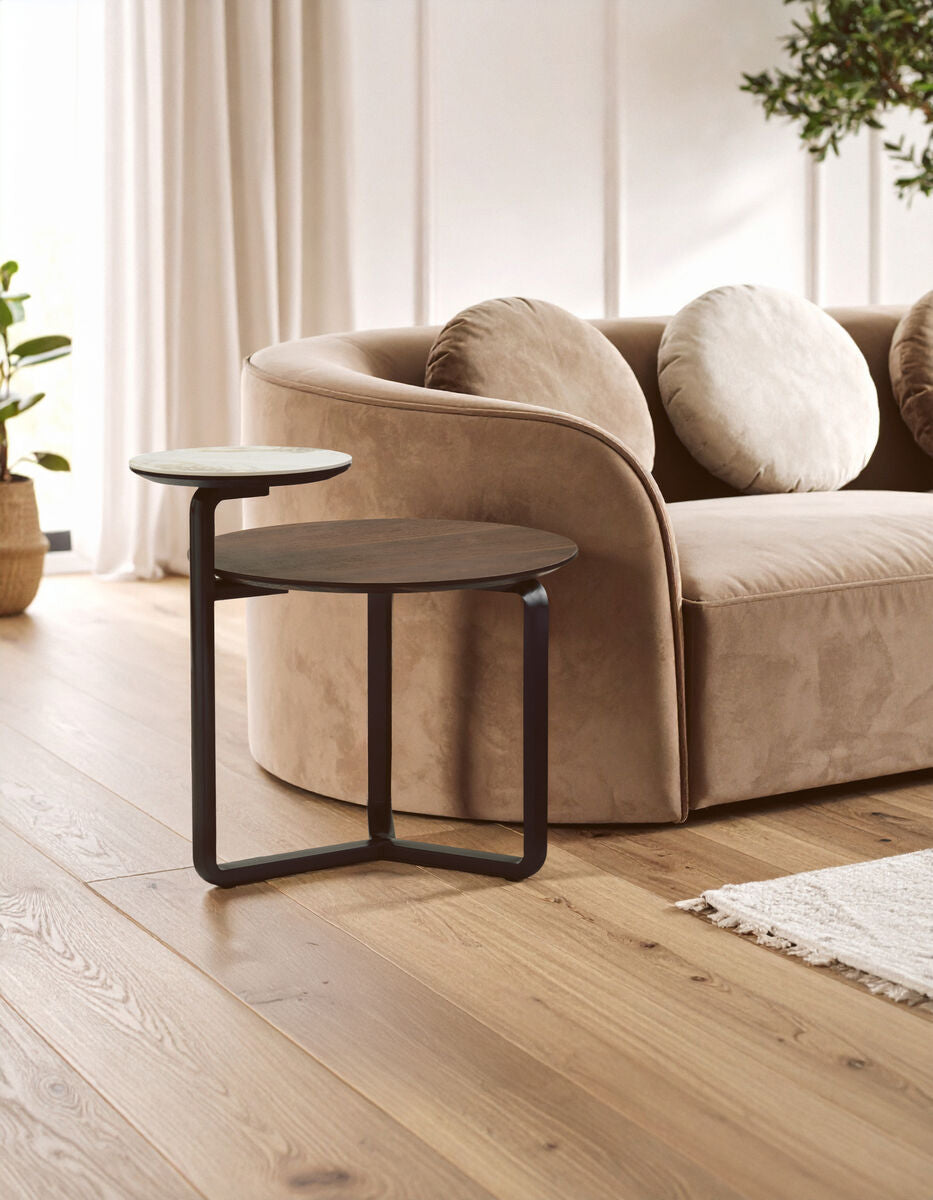 Brown Veneer and Ceramic 2 Tier Round Coffee Table