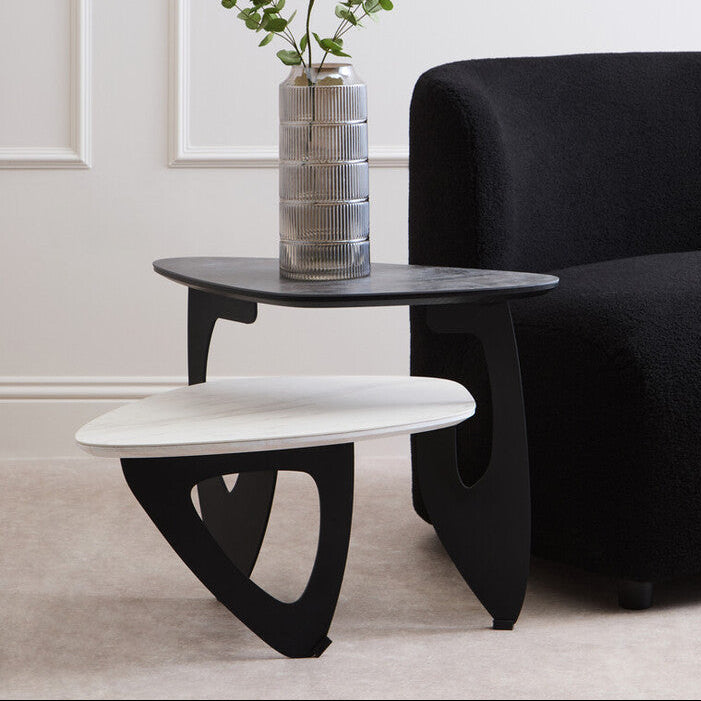 White Ceramic 2 Tier Asymmetrical Small Coffee Table