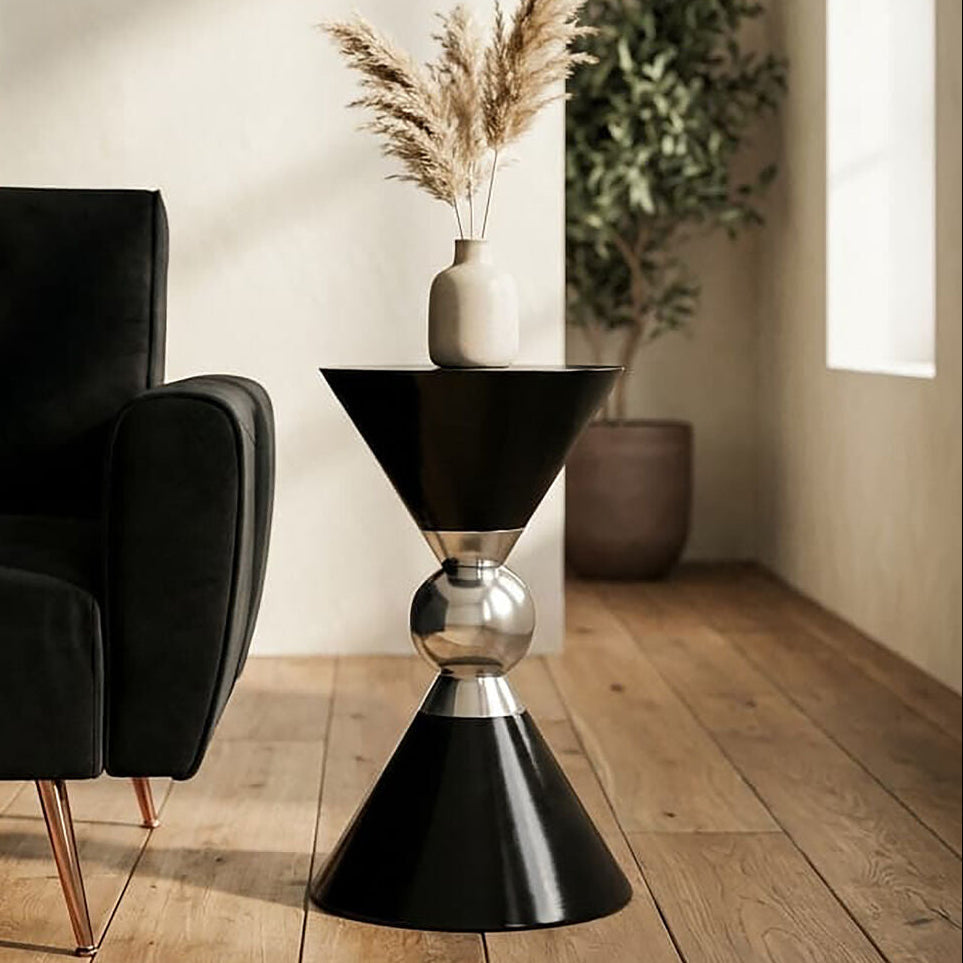Black Conical Metal Side Table with Silver Ring Detail