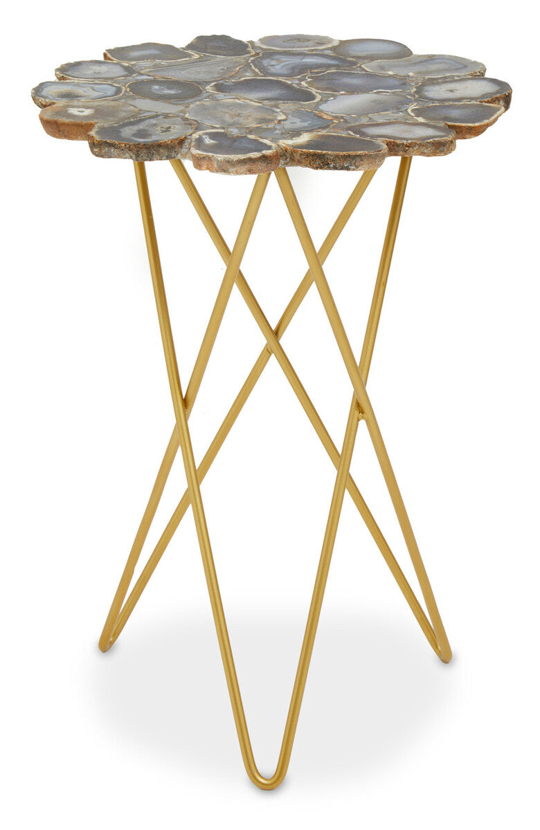 Agate Top Side Table with Gold Finish Trim and Hairpin Metal Legs