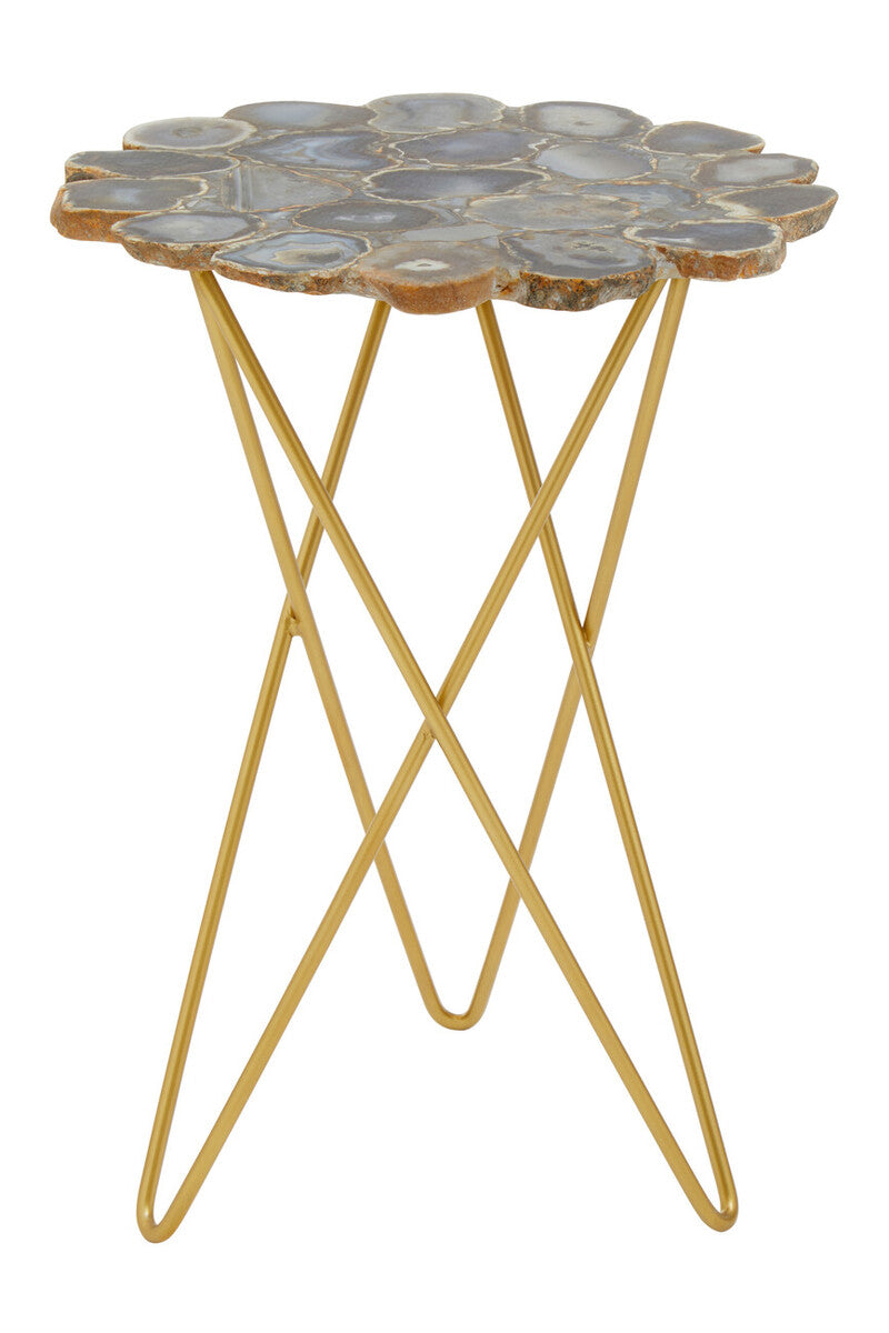 Agate Top Side Table with Gold Finish Trim and Hairpin Metal Legs