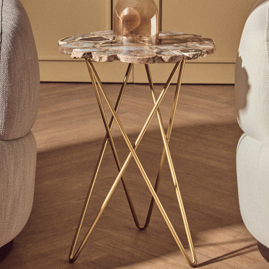 Agate Top Side Table with Gold Finish Trim and Hairpin Metal Legs