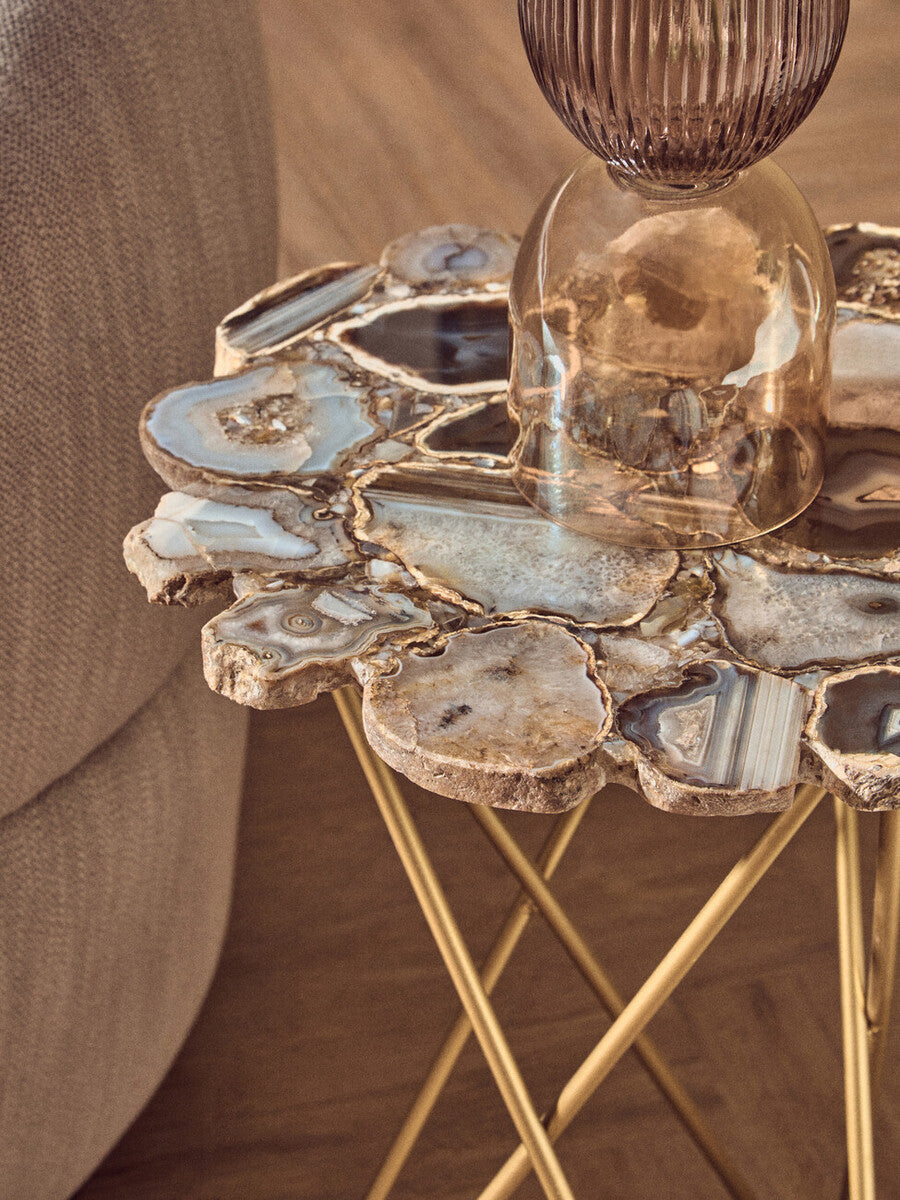 Agate Top Side Table with Gold Finish Trim and Hairpin Metal Legs
