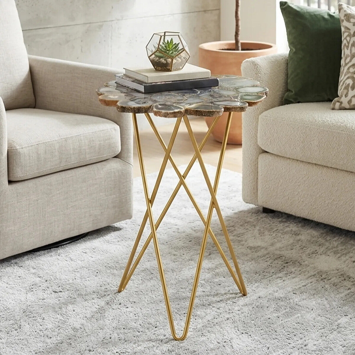 Agate Top Side Table with Gold Finish Trim and Hairpin Metal Legs